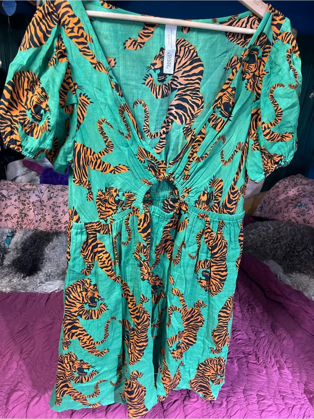 Anthropologie Green Dress with Orange and Black Tiger Print
